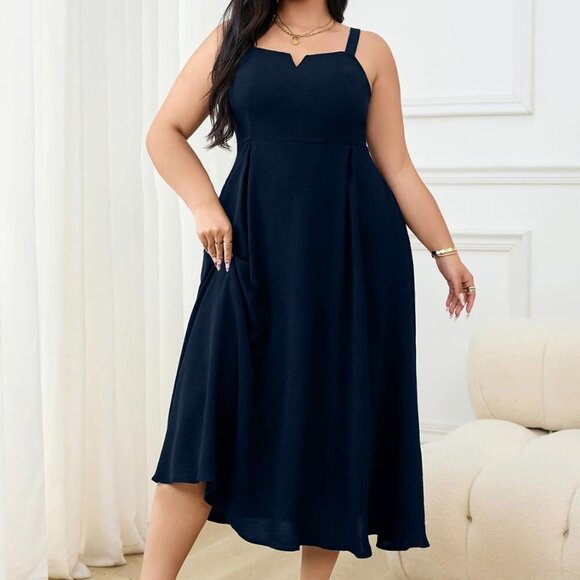 Women's Plus Size Maxi Dress Polyester V-Neck Sleeveless Fitted Pockets - Picture 6 of 7